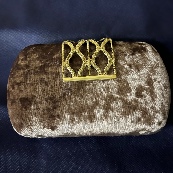 Gianni Bini Handbags - Gianni Bini Brown Velvet Clutch with Gold Accent